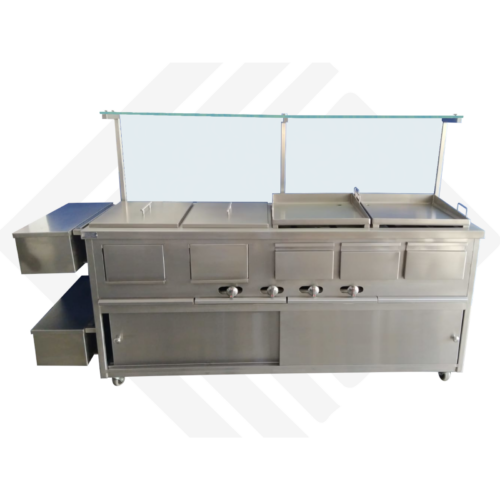 Carro de comidas rápidas en acero inoxidable con baño maría, freidora, plancha, bodega y pantalla de vidrio